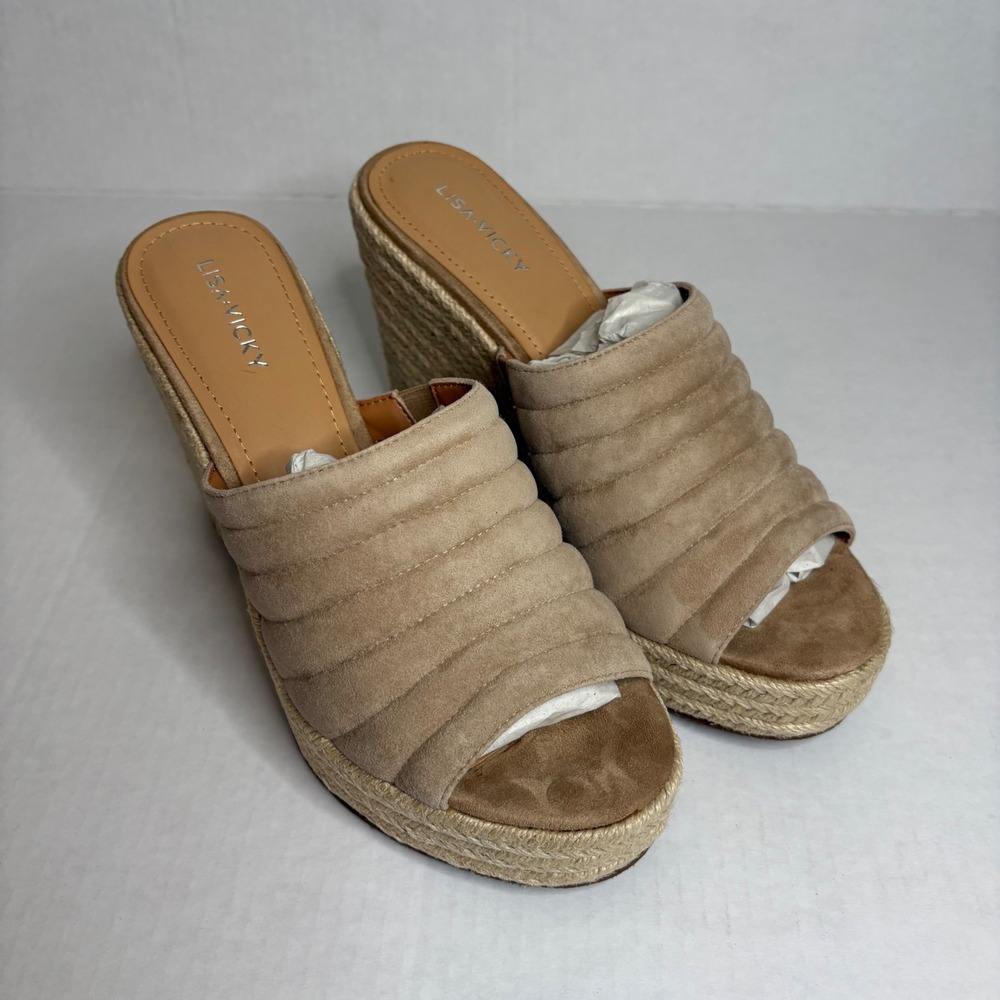 Lisa Vicky Tan Camel Kid Suede Wedge Espadrille Platform Sandal Mules‎ Size 9